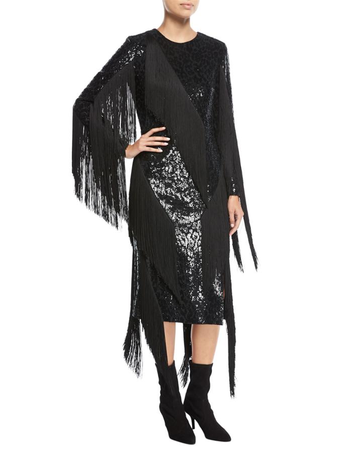 Paillette Crewneck Fringed Dress