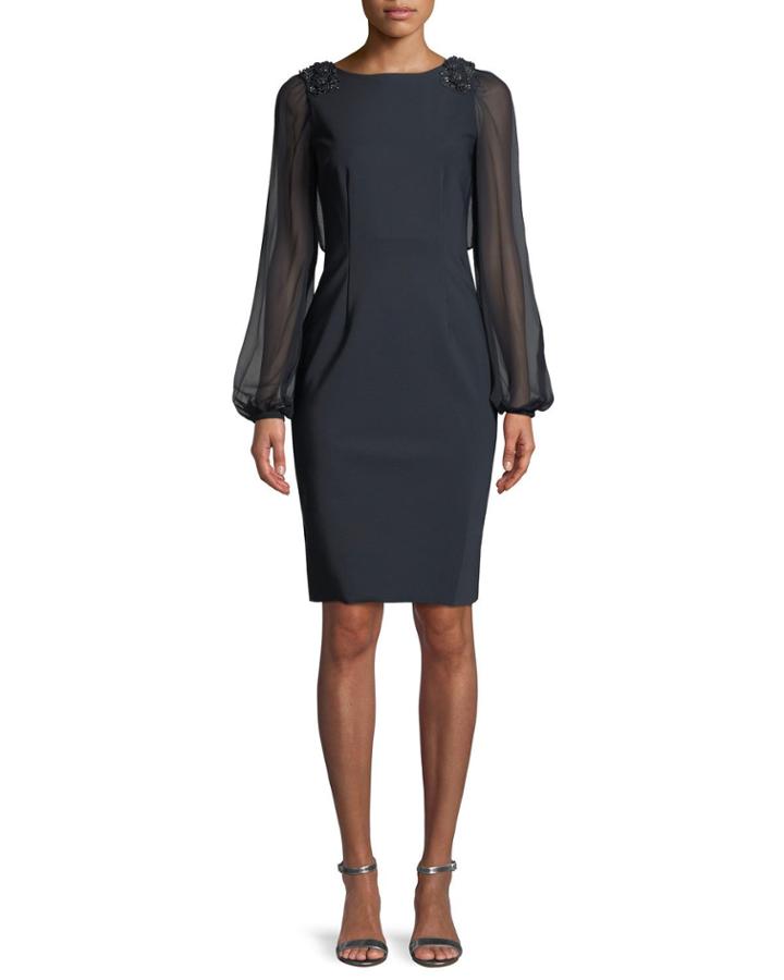 Embellished Chiffon Long-sleeve Dress