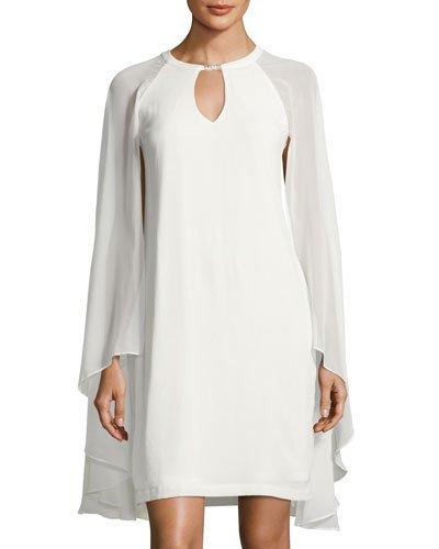 Draped Shawl-sleeve Crepe Dress, Ivory