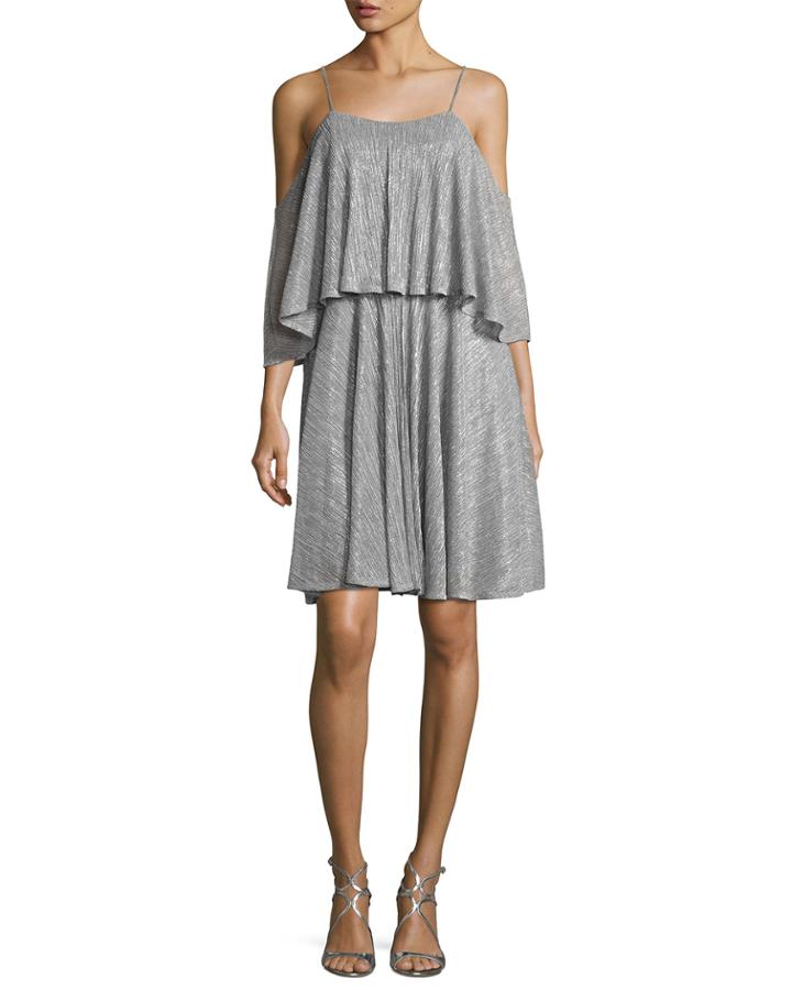 Cold-shoulder Textured Metallic Flounce Dress,