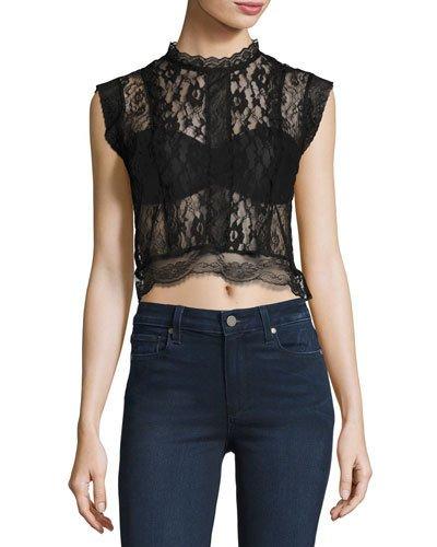 Sheer Lace Paneled Crop Top, Black