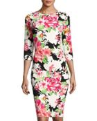 3/4-sleeve Floral-print Sheath Dress, Black Pattern