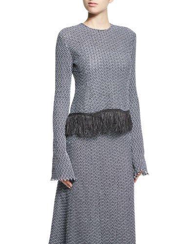 Long-sleeve Crochet Top W/fringe Hem, Navy/white