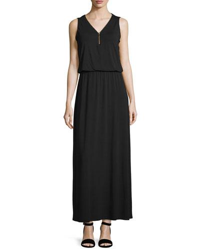 Sleeveless Zip-front Maxi Dress, Black