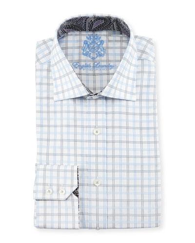 Windowpane-check Woven Dress Shirt, Gray/blue