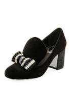 Velvet Embellished Bow Loafer Pump, Black/multi