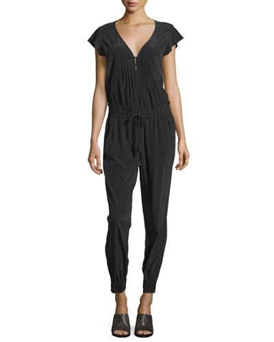 Short-sleeve Crepe Jumpsuit, Black