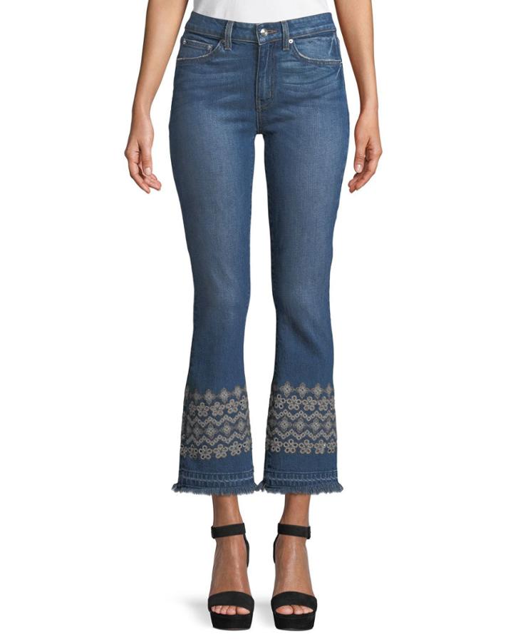 Jane Mid-rise Flip-flop Flare Jeans W/ Eyelet Embroidery