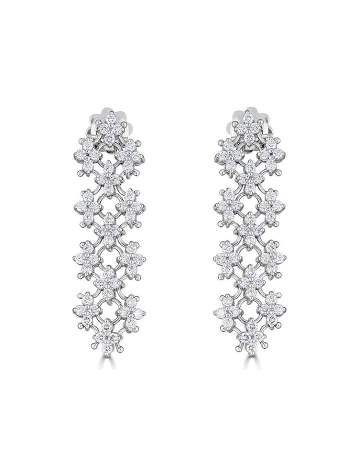 18k White Gold Cascading Flower Diamond Earrings