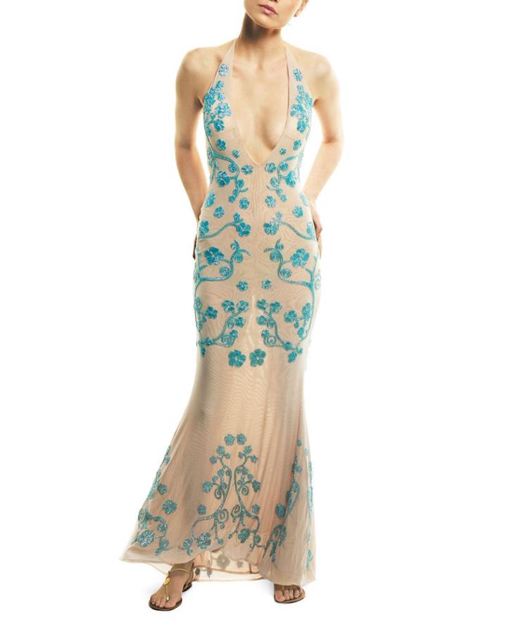 Aika Halter-neck Mesh Floral Embroidered