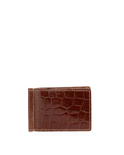 Alligator-embossed Leather Flip Wallet With Money Clip, Cognac