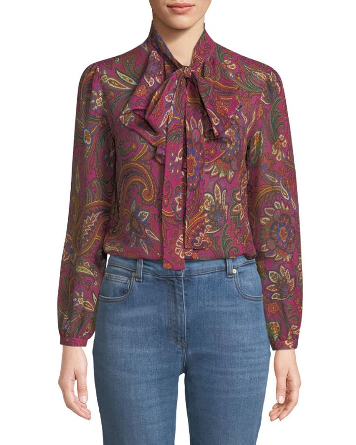 Paisley Silk Georgette Jabot Blouse