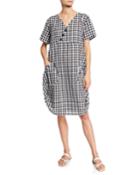 Short-sleeve Gingham Cocoon Dress W/ Pockets & Button Detail