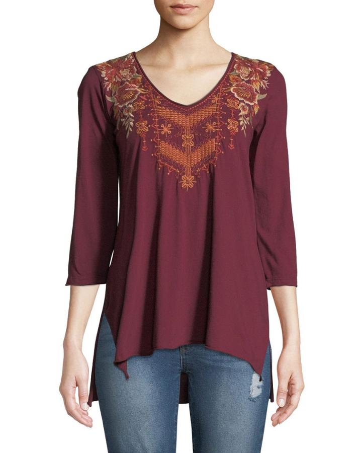 Ellim 3/4-sleeve Embroidered Drape Knit Top