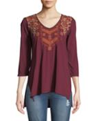Ellim 3/4-sleeve Embroidered Drape Knit Top