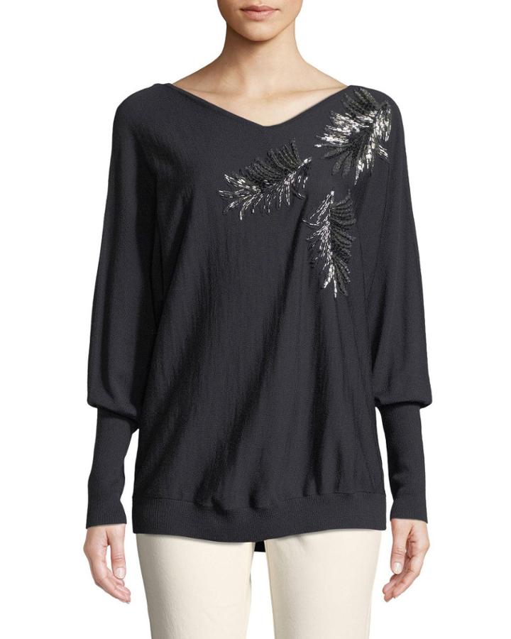 Fine-gauge Merino-wool Sequin Embellished Dolman Pullover