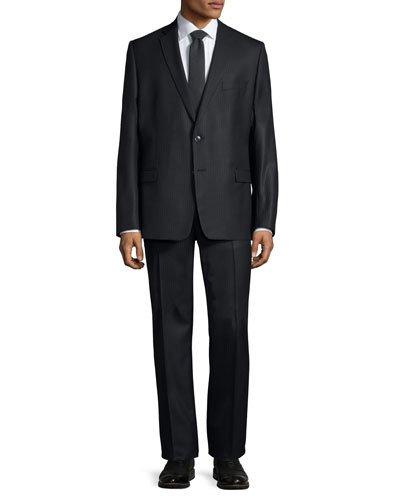 Slim-fit Pinstripe Two-piece Wool Suit, Black Pattern