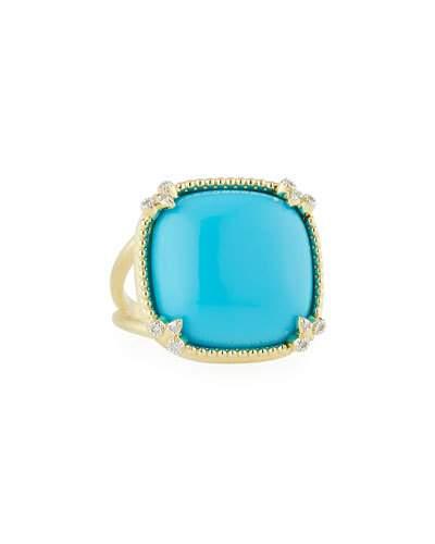 Turquoise Cushion Fleur Cocktail Ring W/ Diamonds,