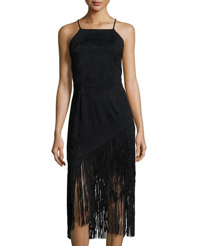 Sleeveless Faux-suede Fringed Dress, Black