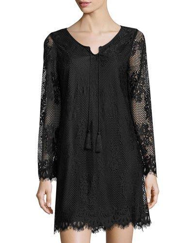 Eyelash Lace Long-sleeve Slip Dress, Black