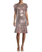 Short-sleeve Sequin Flounce Dress