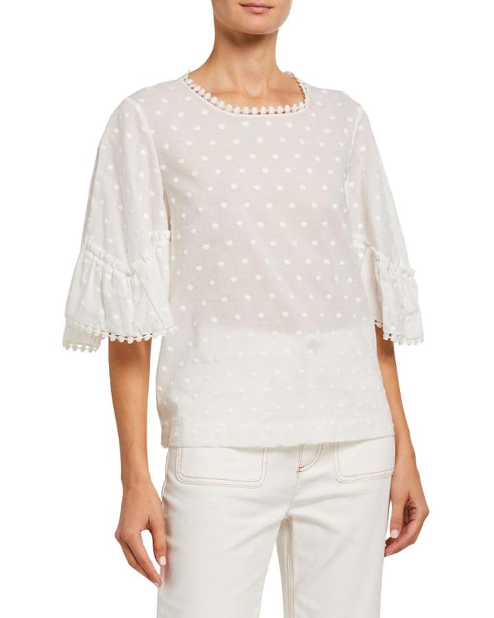 Textured Flounce-sleeve Cotton Blouse
