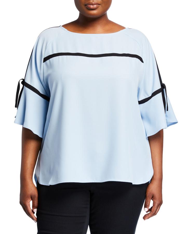 Plus Size Scoop-neck Blouse W/ Trim Piping