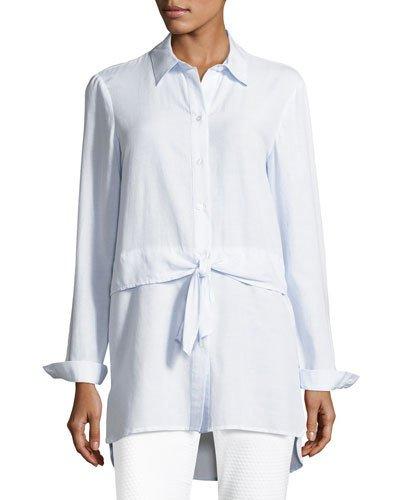Waist-tie Striped Shirting Blouse, Blue/white