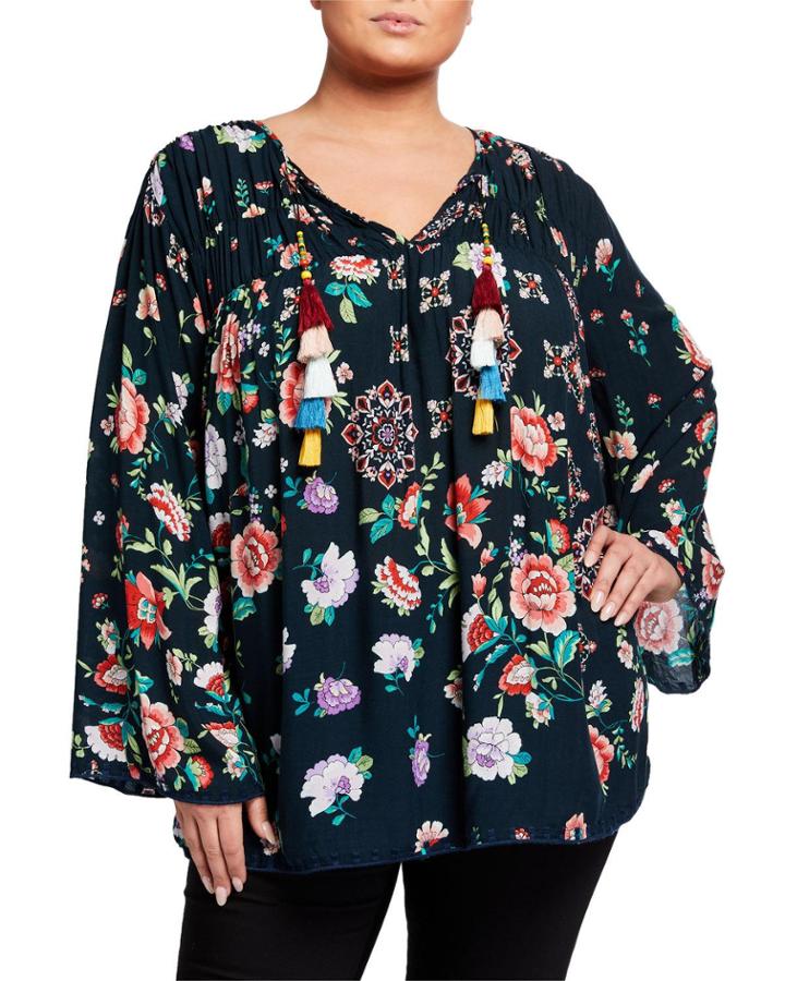 Plus Size Harley Floral-print Challis Long-sleeve Tassel-tie Top