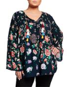 Plus Size Harley Floral-print Challis Long-sleeve Tassel-tie Top