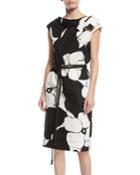 Cap-sleeve Floral-print Belted Cotton Dress W/