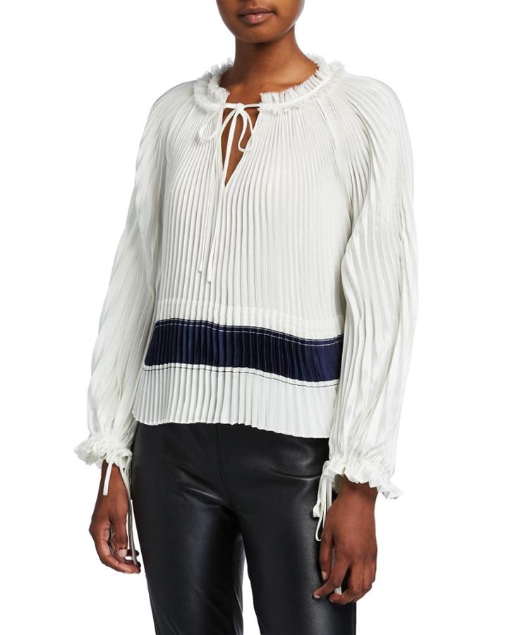 Pleated V-neck Long-sleeve Blouse