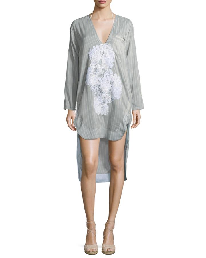 Scoop-neck Long-sleeves Striped Shirtdress With