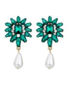 Green Leaf Crystal Pearly Drop Earrings