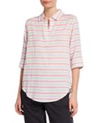 Striped Elbow-sleeve Popover Top