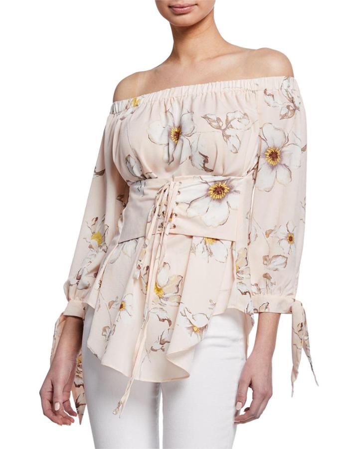 Floral-print Off-the-shoulder Tie-cuff Corset Top