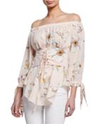 Floral-print Off-the-shoulder Tie-cuff Corset Top