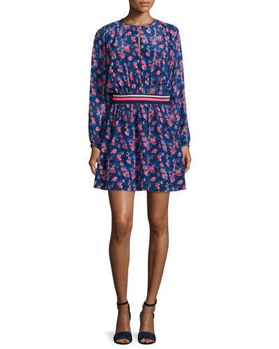 Anna Long-sleeve Floral Dress, Navy