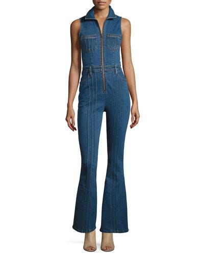 Pintucked Denim Jumpsuit, Blue
