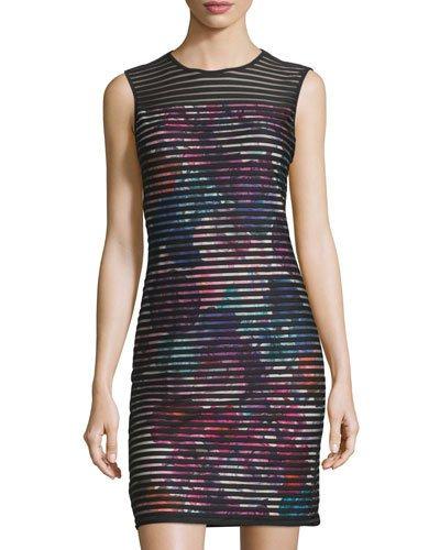 Sleeveless Sheath Dress W/mesh Overlay, Black/floral