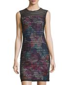 Sleeveless Sheath Dress W/mesh Overlay, Black/floral
