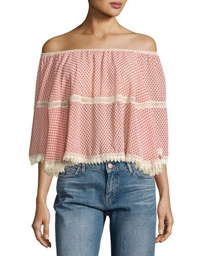Lace-inset Off-the-shoulder Printed Blouse