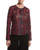 Floral Leather & Mesh Moto Jacket, Bordeaux/red