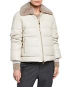 Cashmere Fur Trim Leather Taffeta Down Bomber