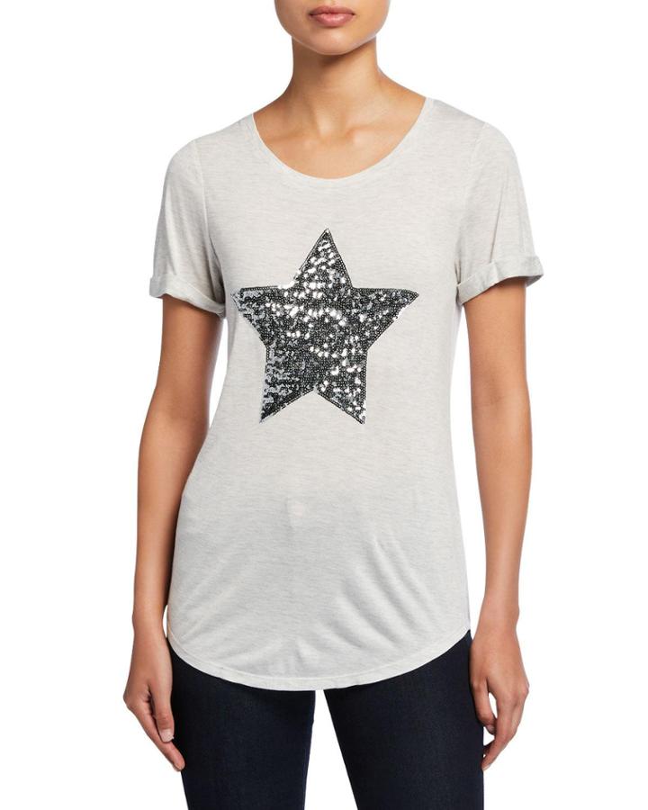 Sequin Star Scoop-neck Roll-sleeve Jersey Top
