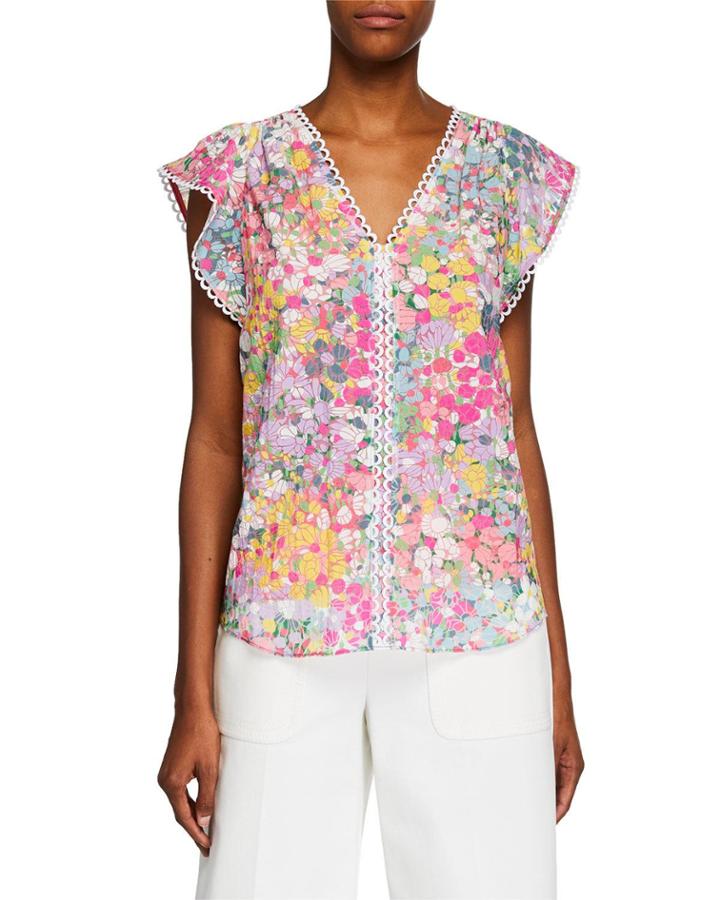 Floral Dots Burnout Cap-sleeve Top