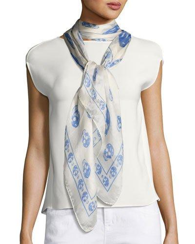 Skull-print Foulard Ladder Scarf, Blue/white