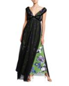Overlay Floral V-neck Gown With Band Trim
