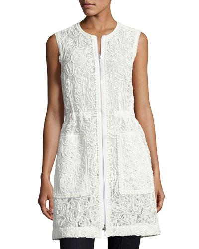 Chloe Zip-front Lace Vest, White