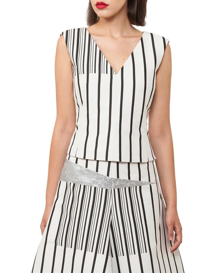 V-neck Sleeveless Irregular-stripe Cotton Canvas Top